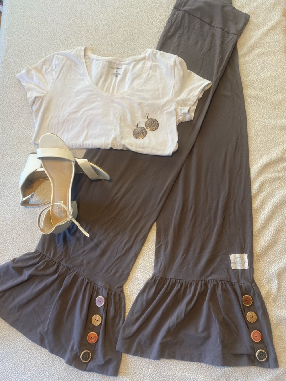 Olive-Grey Ruffle Button Wide-Leg Pants Whimsical Anthropologie Aesthetic